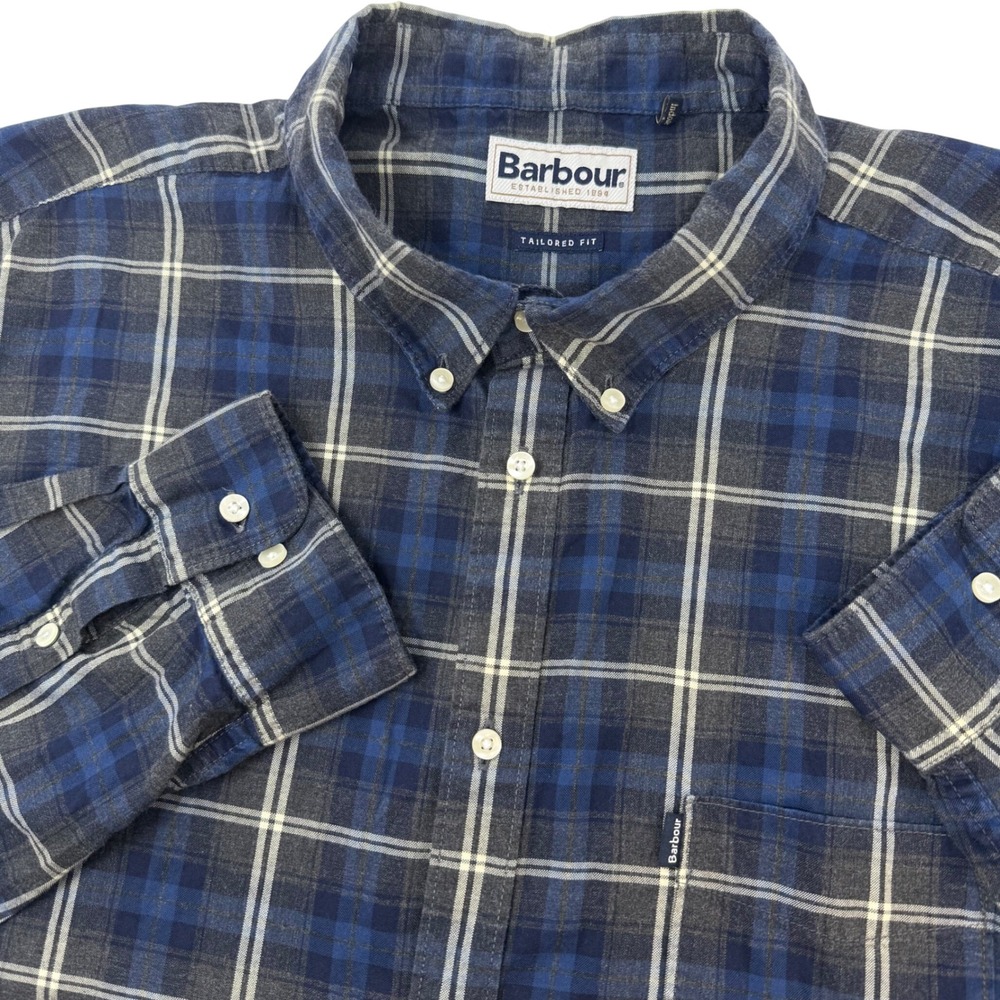 Barbour Mens XXL Tailored Fit Highland Check Button Down Shirt Blue Grey